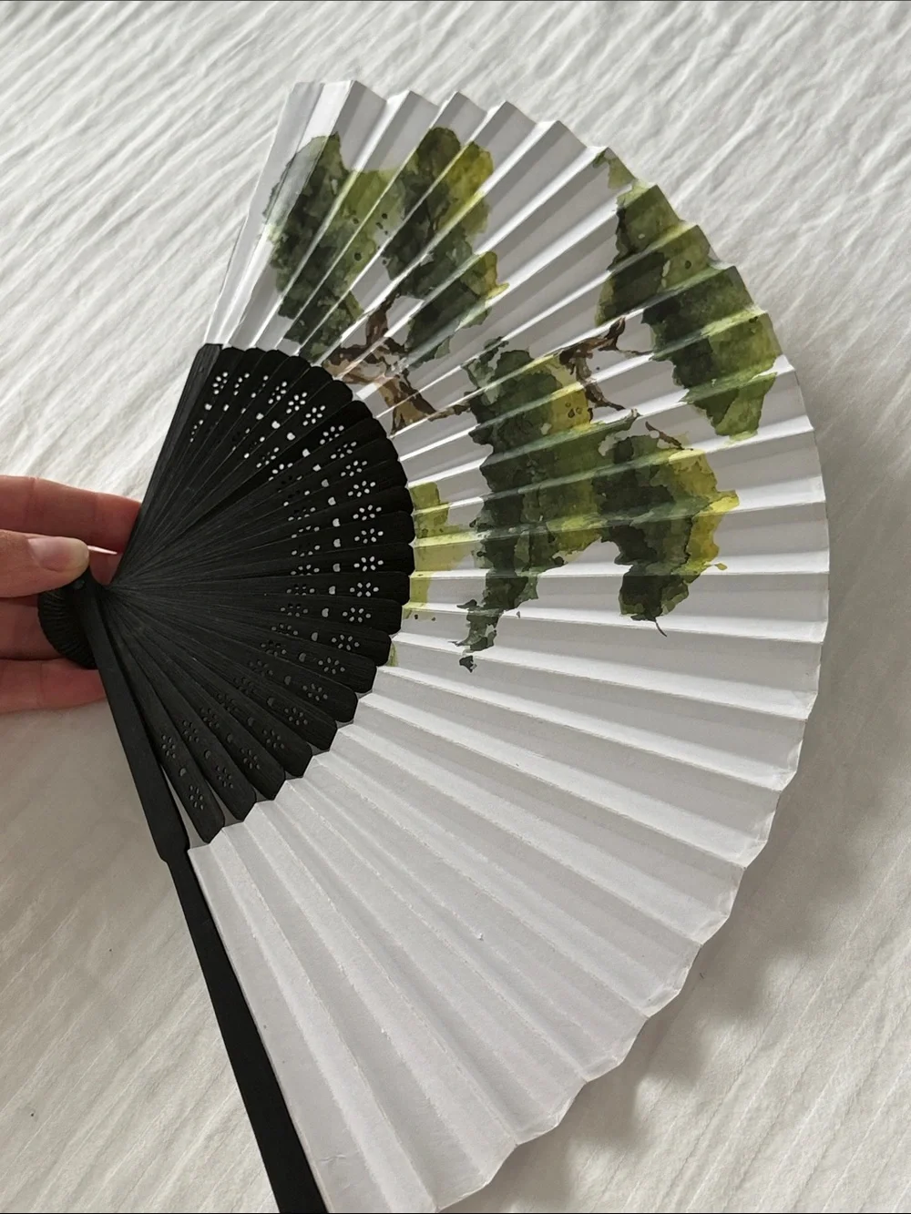 Foldable Hand Fan with Green Tree Design Vintage